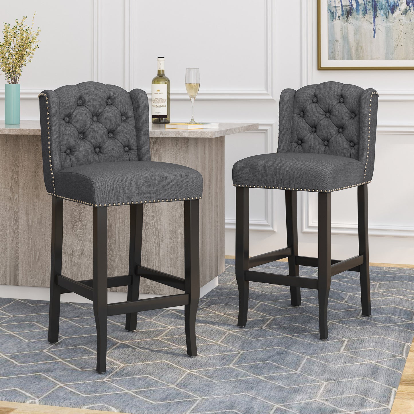 Maura 31" Contemporary Tufted Wingback Bar Stools Set of 2 Gray
