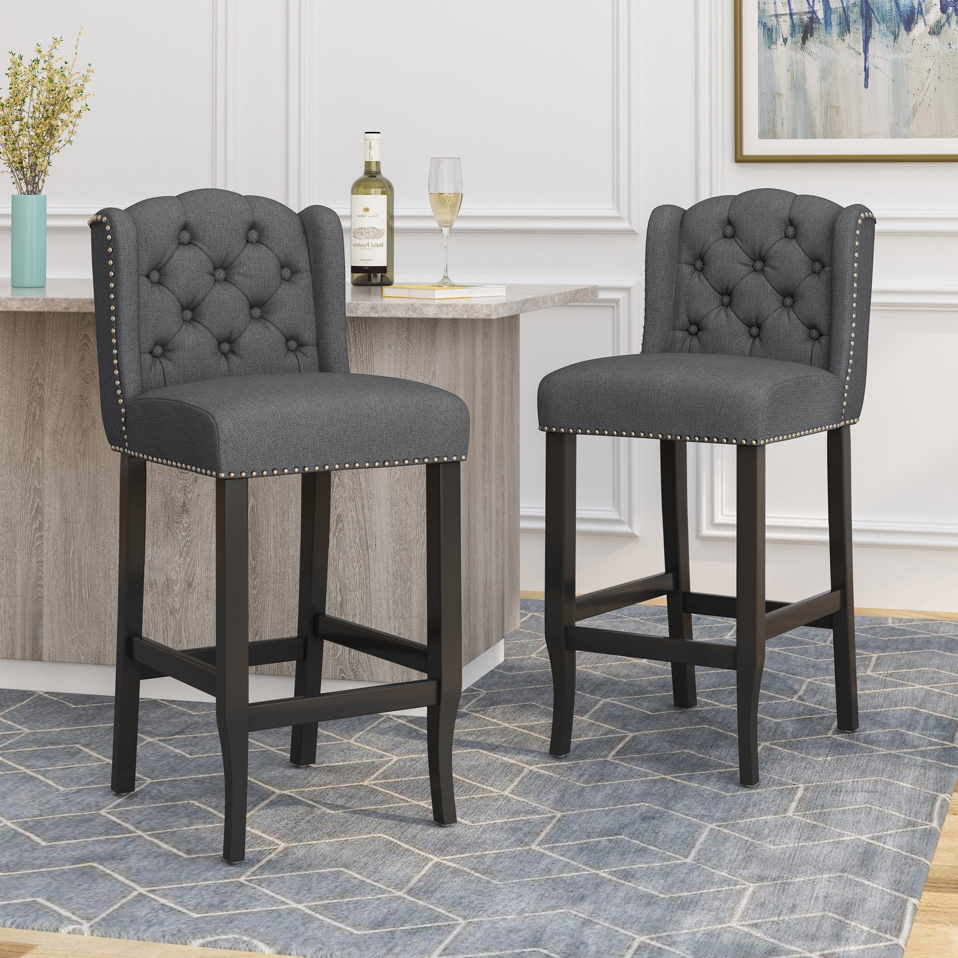 Maura 31" Contemporary Tufted Wingback Bar Stools Set of 2 Gray
