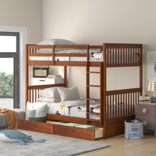 Larkspur Twin-Over-Twin Bunk Bed with Ladders and Two Storage Drawers Walnut