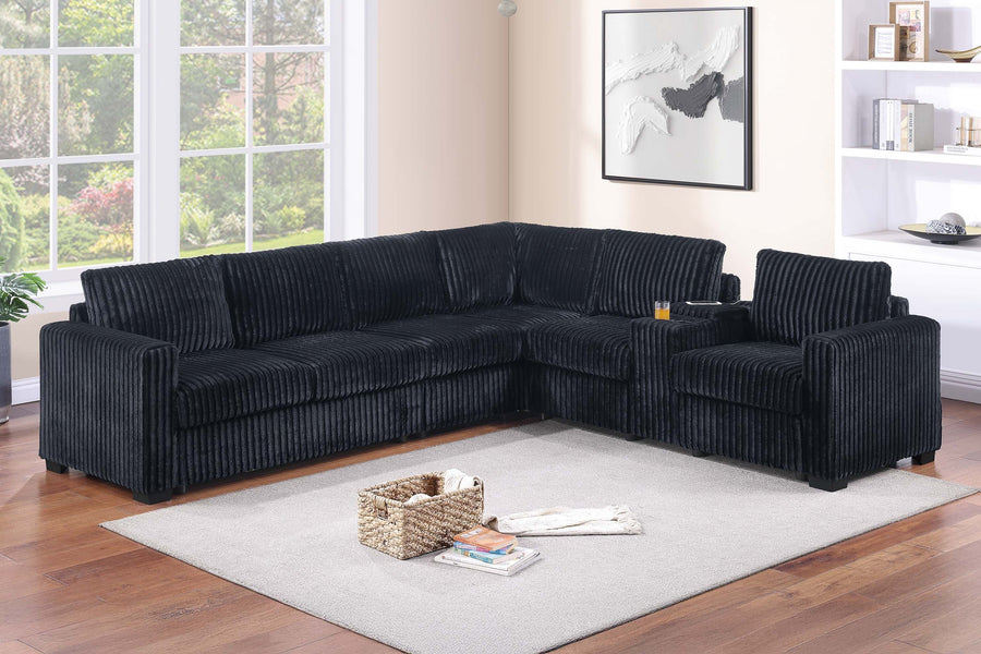 Modern Style L-Shape 4pc Sectional Set Reversible Loveseat USB Ports Cup Holder Armless Chair Plastic Legs Corduroy Upholstered Black Finish Primary Living - primary color shot