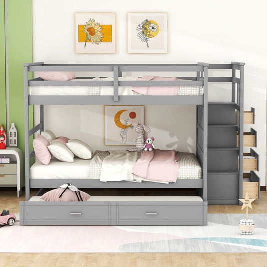 Full over Full Bunk Bed with Twin Size Trundle and Staircase - Gray - detail view 2