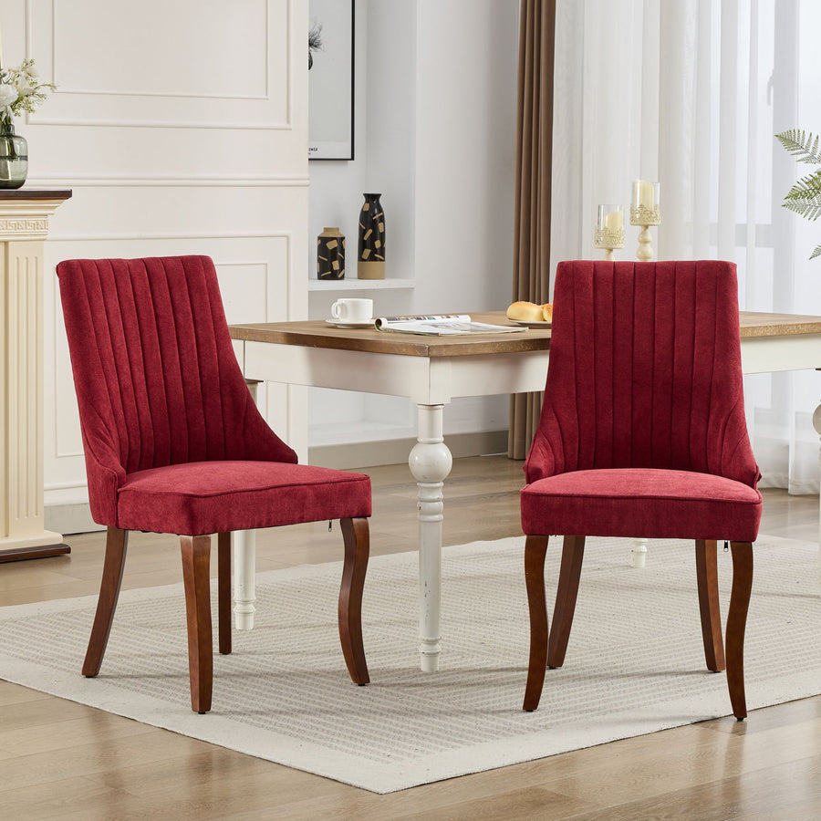 WINE RED Fabric Channel Dining Chairs with Wood Legs (Set of 2)