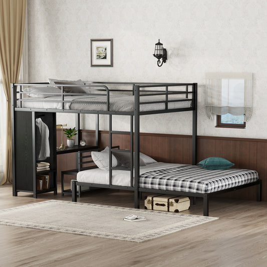 Queen over Queen Size Bunk Bed Frame with Built-in Wardrobe - Black - primary color shot