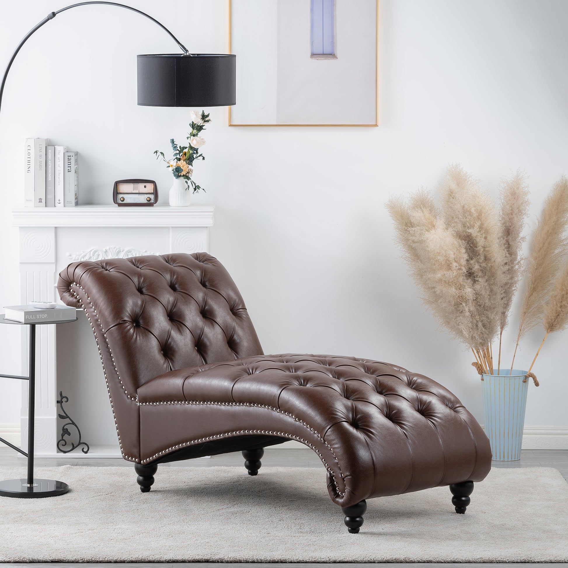 Modern Tufted Armless Chaise Lounge with Foam Cushion in Dark Brown PU - detail view 4