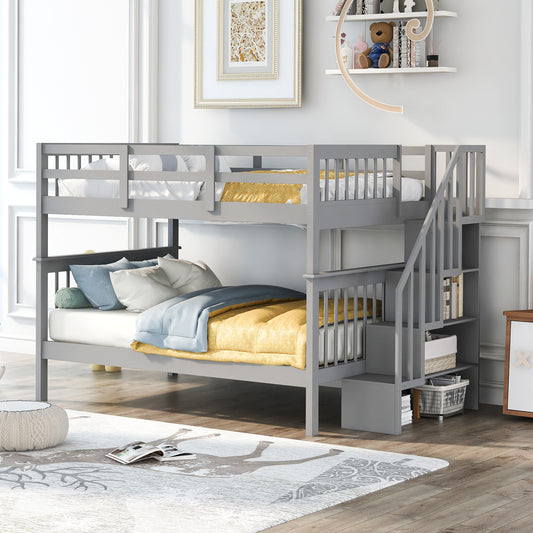 Stairway Full-over-Full Bunk Bed with Storage and Guard Rail - Gray - primary color shot