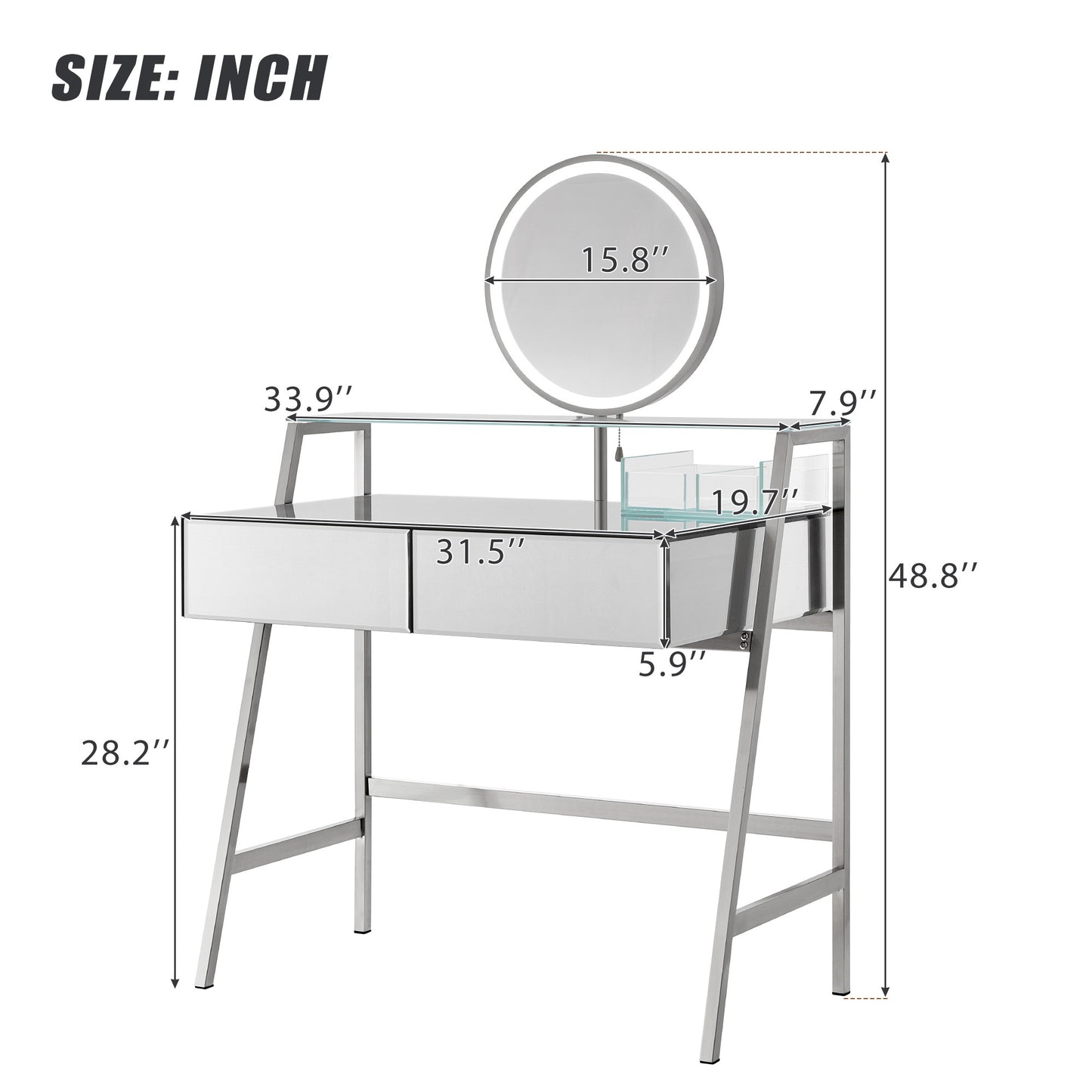Bastion 33.9' Mirrored Makeup Vanity Desk with Mirror and Lights
