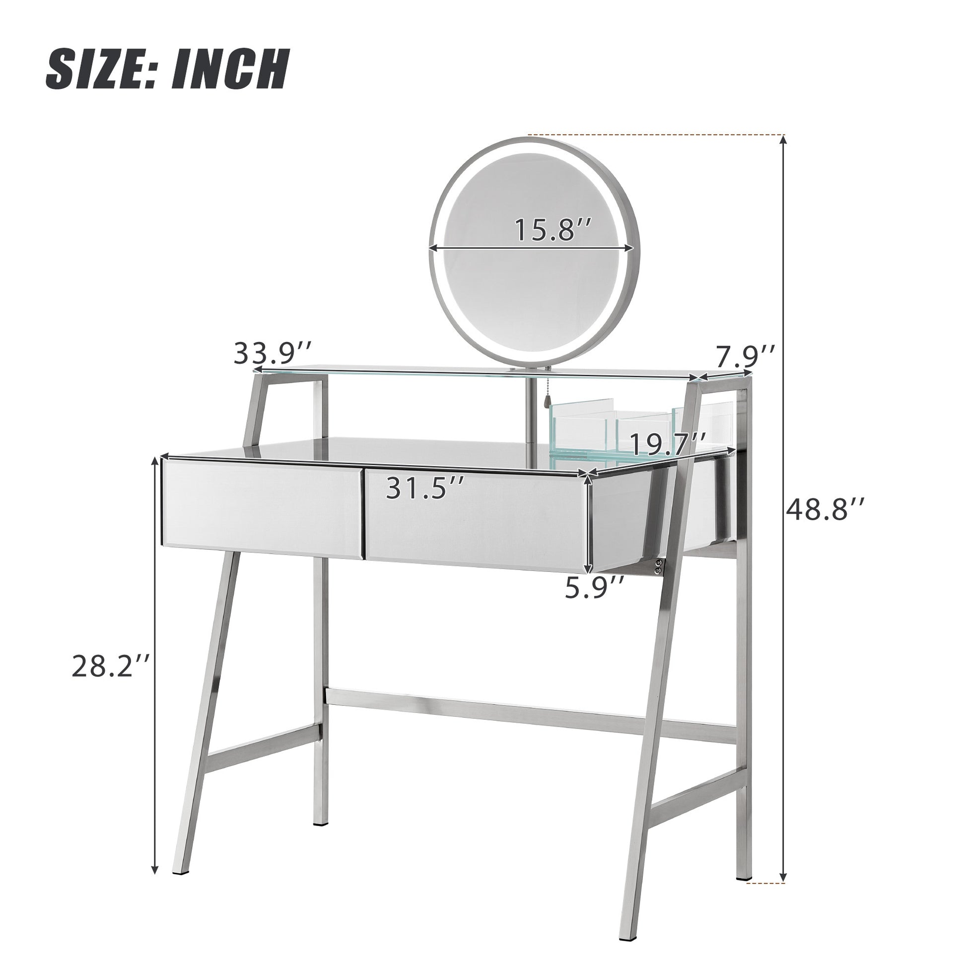 Bastion 33.9' Mirrored Makeup Vanity Desk with Mirror and Lights