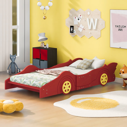 Bart Twin Size Race Car-Shaped Platform Bed with Wheels,Red