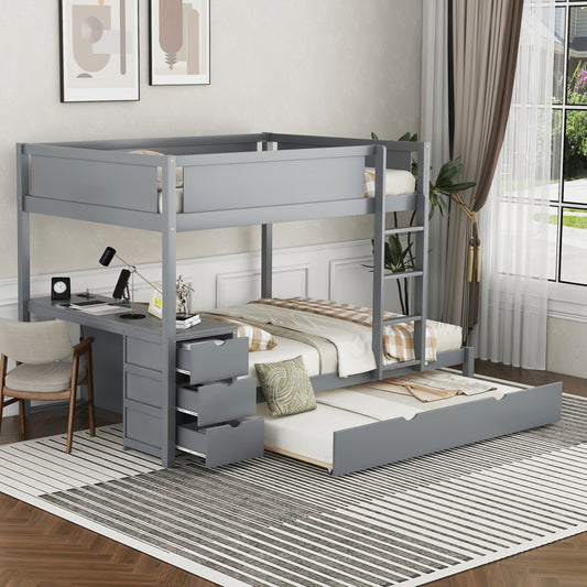 Stewart Full-Over-Full Bunk Bed with Twin size Trundle, Storage and Desk, Gray