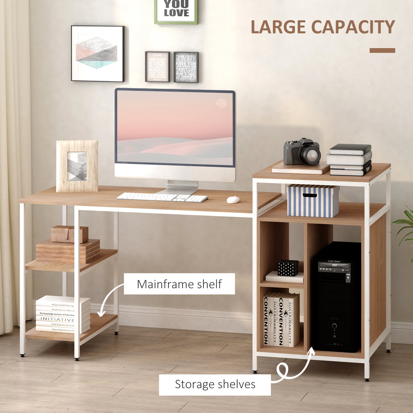 68 Inch Office Table Computer Desk Workstation Bookshelf with CPU Stand, Spacious Storage Shelves & Chic Modern Woodgrain Design, Oak Wood Grain