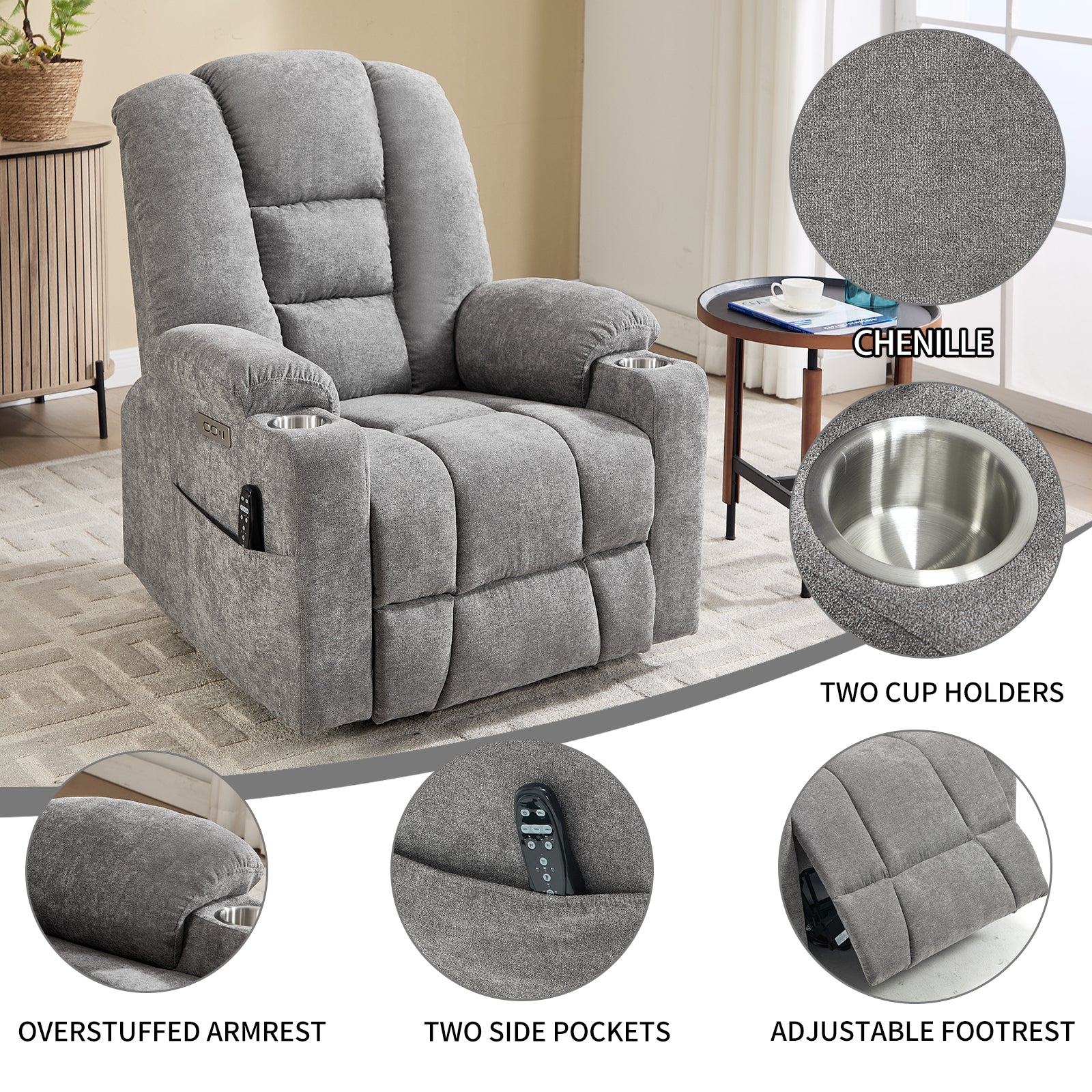 Power Lift Recliner Chair with Massage and Heat for Elderly - Light Gray - detail view 8