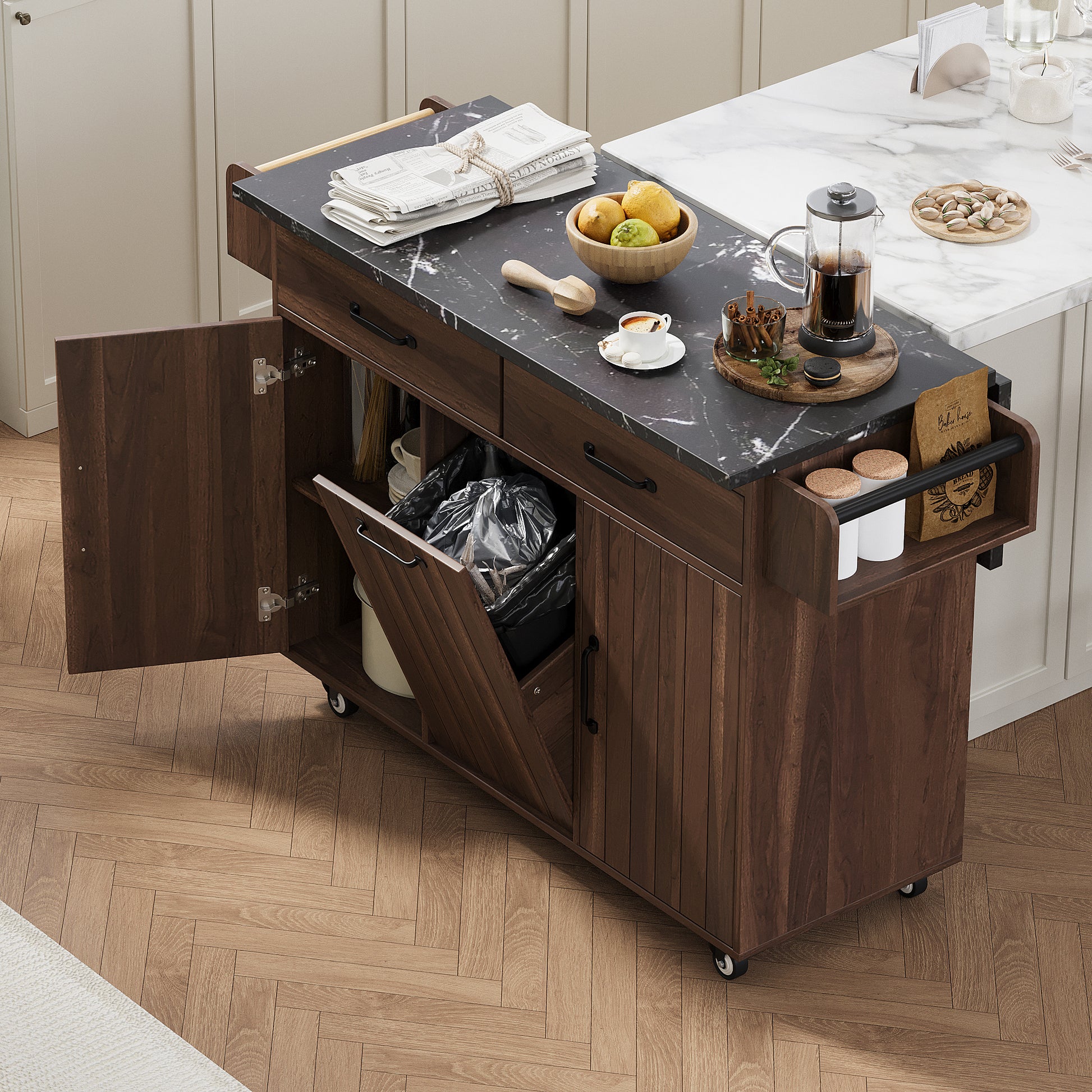 K&k Kitchen Island with Trash Can Storage Cabinet - Walnut & Brown - primary color shot