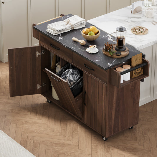 K&k Kitchen Island with Trash Can Storage Cabinet - Walnut & Brown - primary color shot