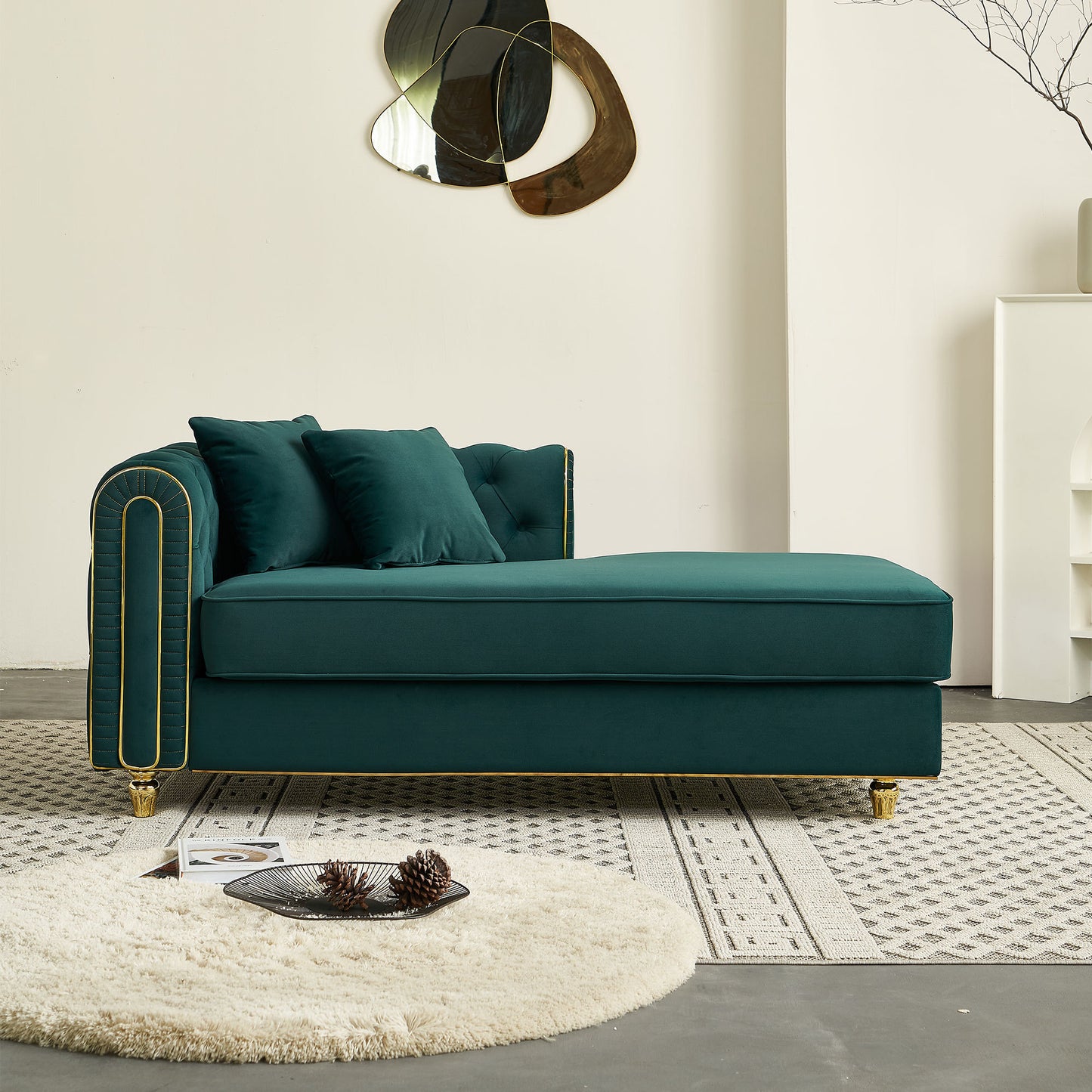 67" W Velvet Chaise Lounge - Green - detail view 2