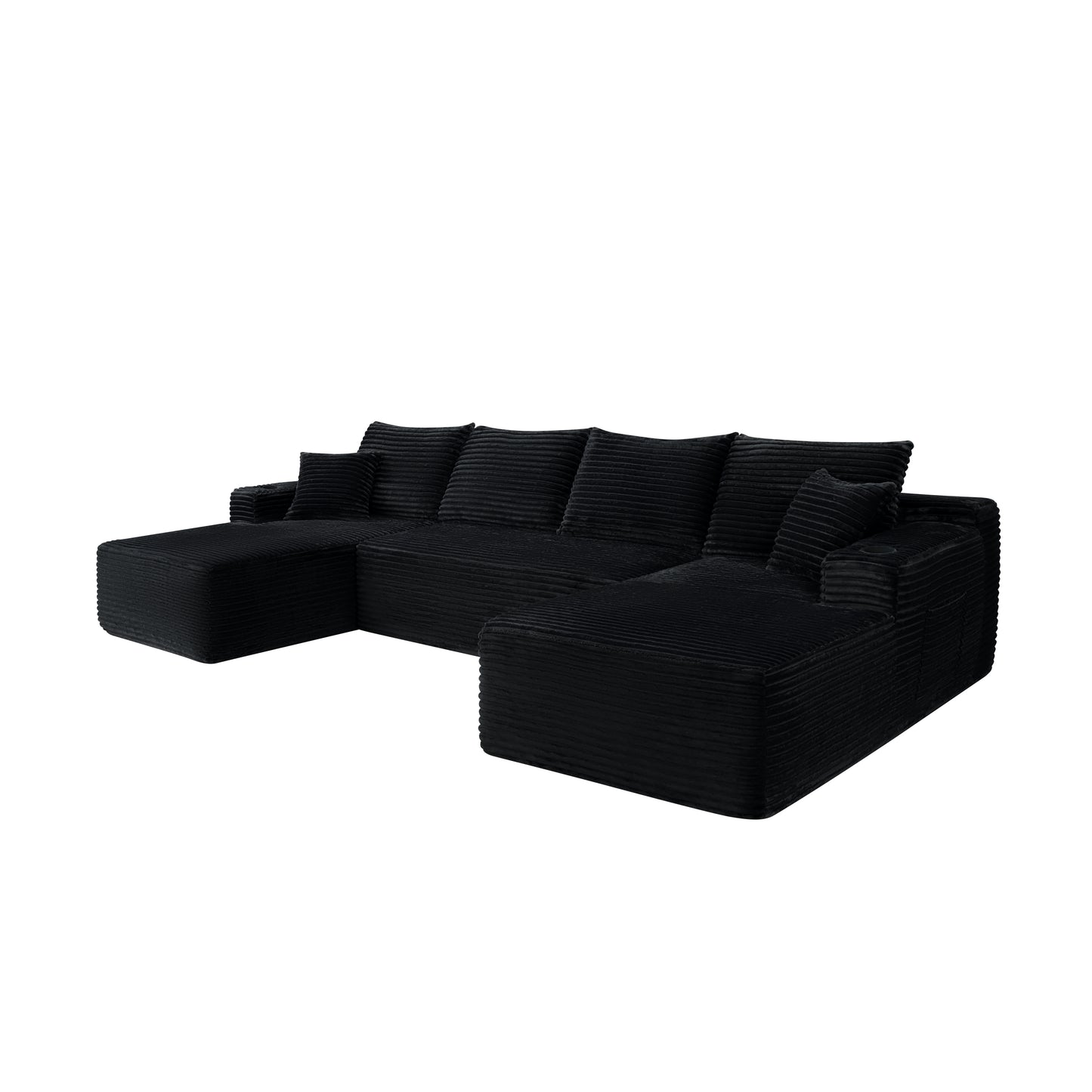 134" Cloud Sectional with U-Shape Chaise & Side Pockets & Cup Holder - Black - detail view 3