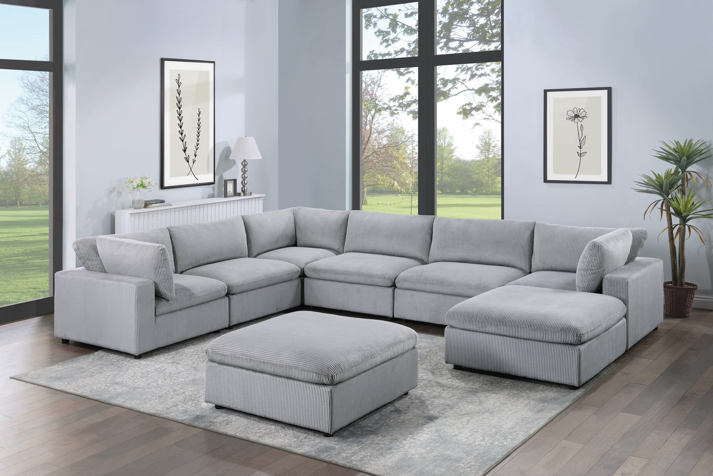Dark Gray Color 8pc Modular Sectional Set Corduroy Upholstery Couch 3x Corner wedge 3x Armless Chairs 2x Ottomans Living Room Furniture - primary color shot