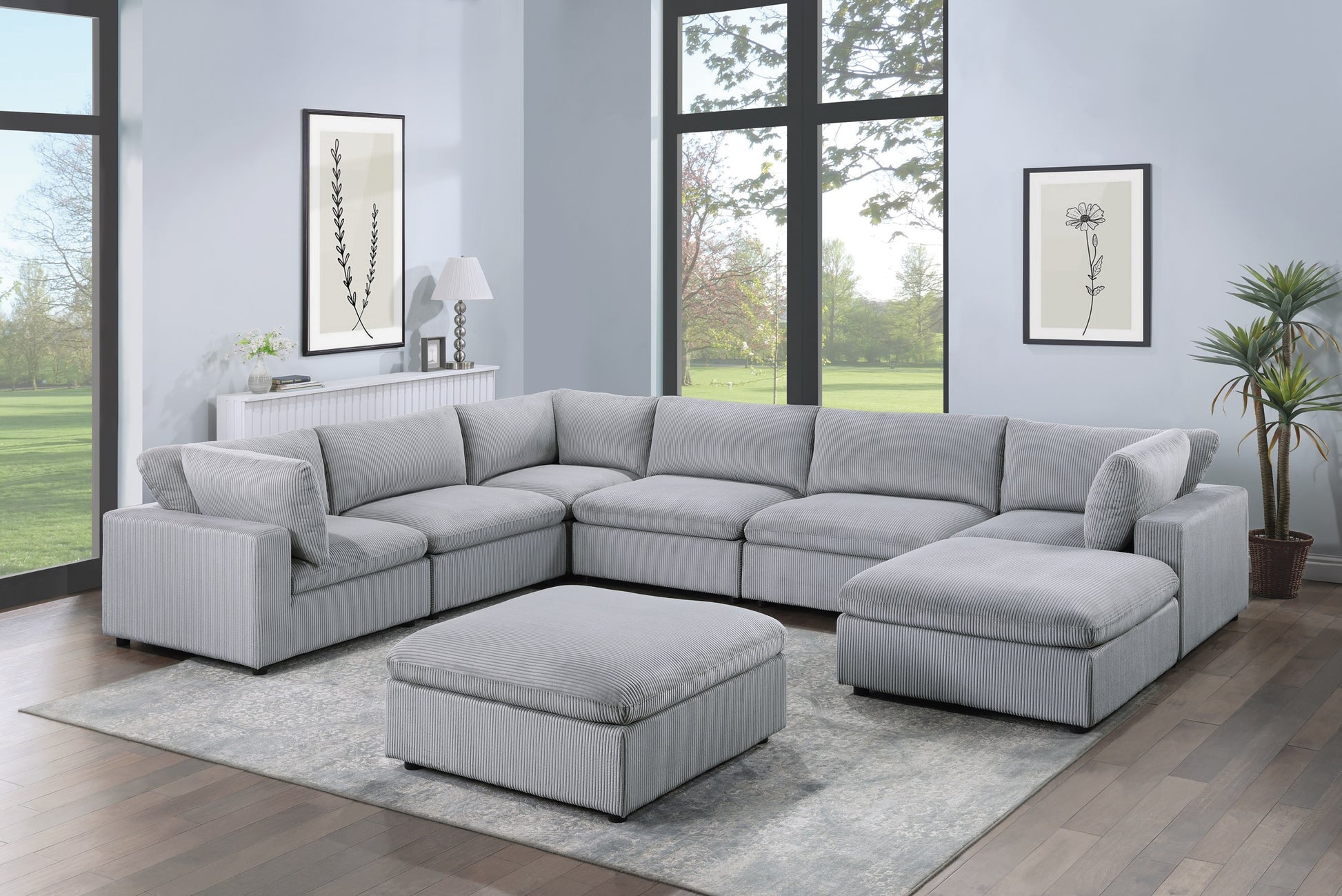 Dark Gray Color 8pc Modular Sectional Set Corduroy Upholstery Couch 3x Corner wedge 3x Armless Chairs 2x Ottomans Living Room Furniture - primary color shot