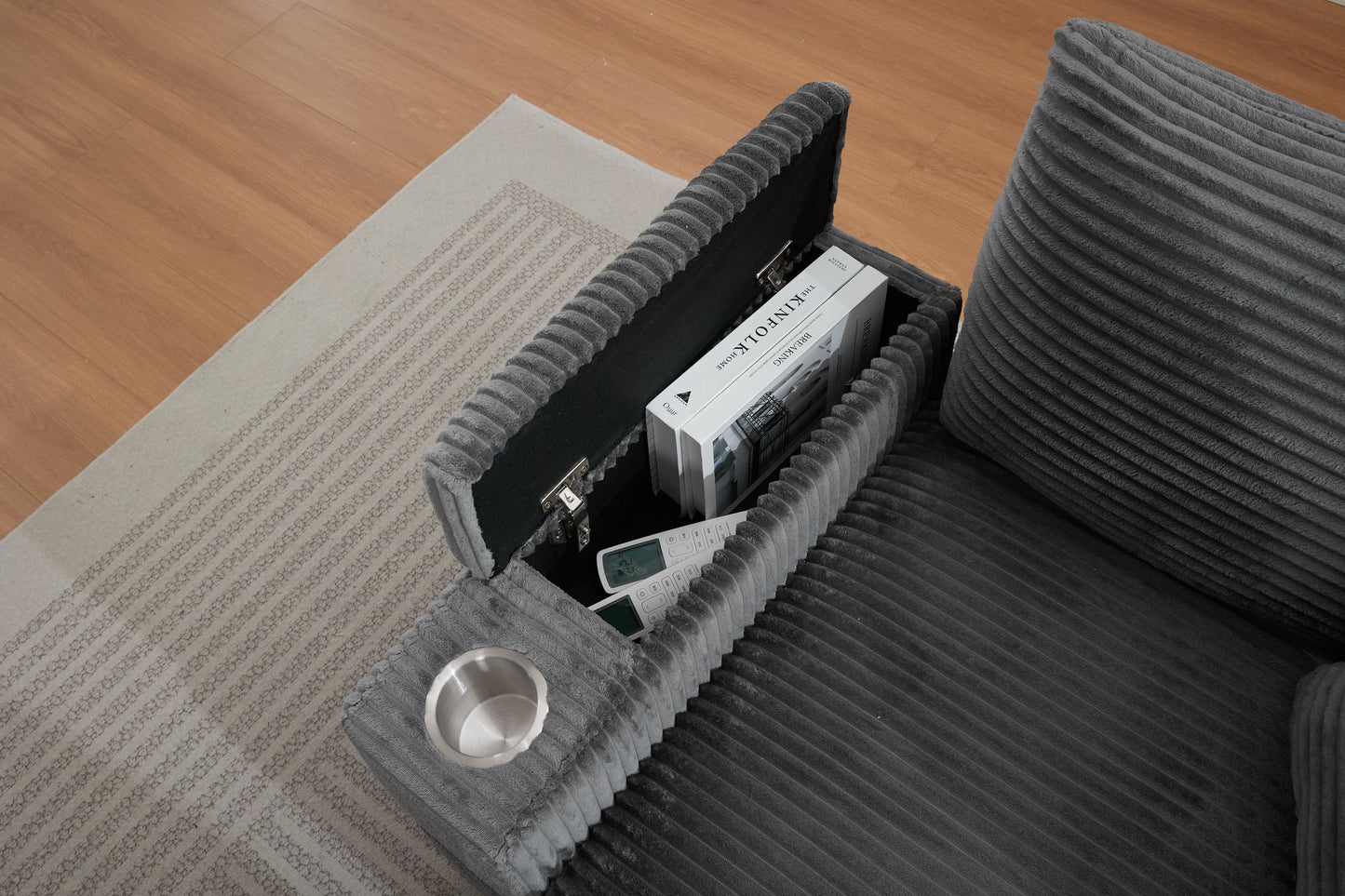 [video/new]corduroy Upholstered Chaise Lounge Sofa with Handrail Storage - Grey - detail view 5
