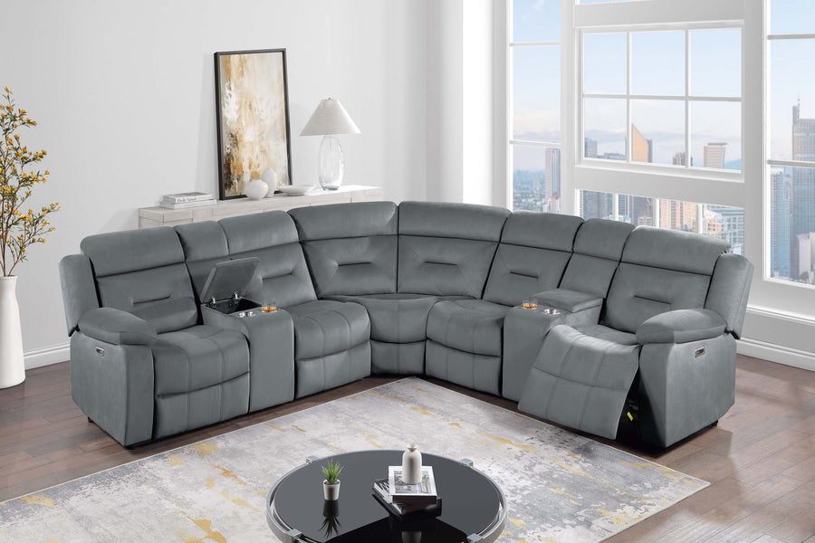 Contemporary Style Power Reclining Sectional Set Two Console Cup Holder Power Motion Dark Gray Finish Primary Living Room - primary image