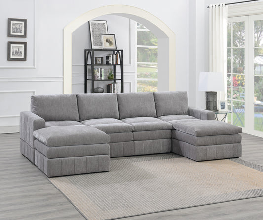 Contemporary 6pc Set Modular Sectional Set 2x One Arm Chair / Wedge 2x Armless Chairs 2x Ottomans Granite Color Morgan Fabric Plush - primary color shot