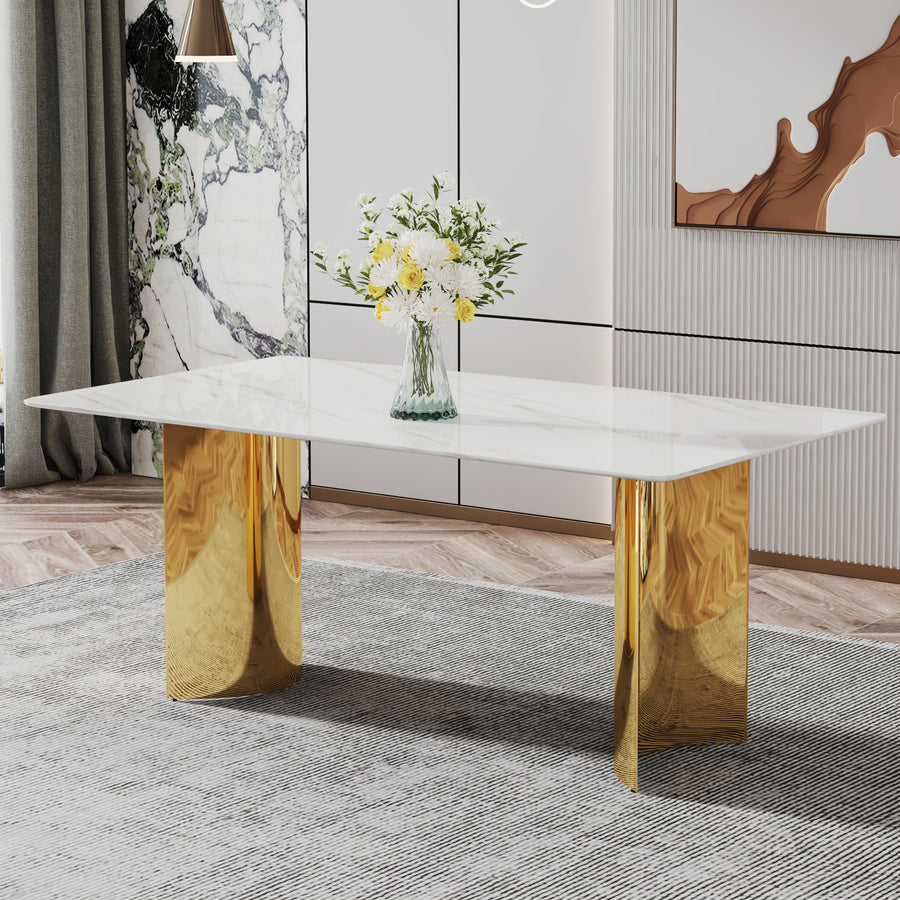 Modern Minimalist Dining Table. the White Imitation Marble Glass Desktop Is Equipped with Golden Metal Legs. Suitable for Restaurants & Living Rooms - primary color shot