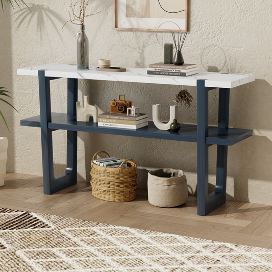 Idalia Elegant Console Table with Faux Marble Top, Navy & White