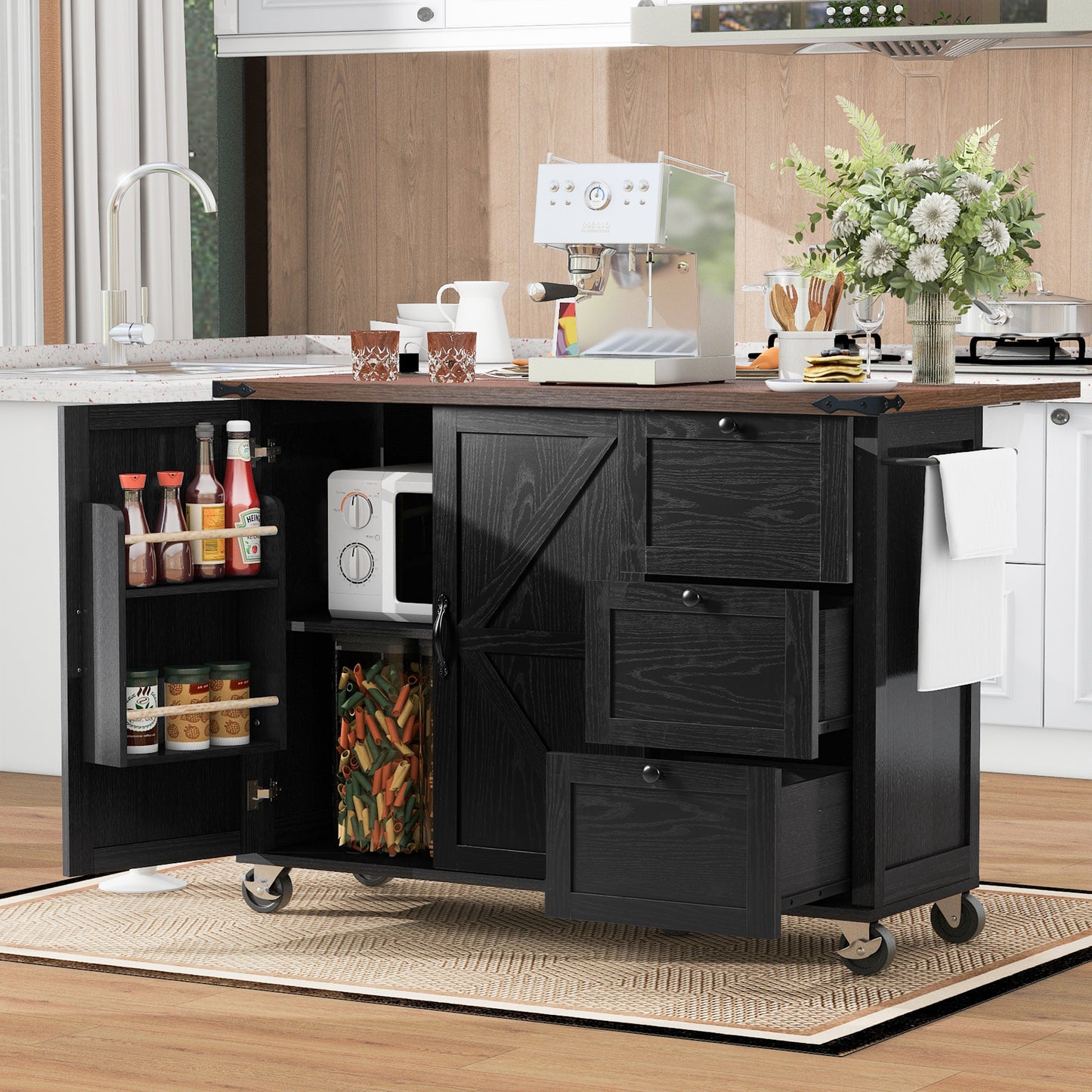 K&k 54.5' Farmhouse Kitchen Island with Power Outlet - Black - detail view 3