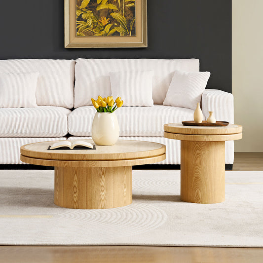 Set of 19.49''+35.43'' MDF Round Coffeetable Sintered Stone Tabletop - Natual - primary color shot