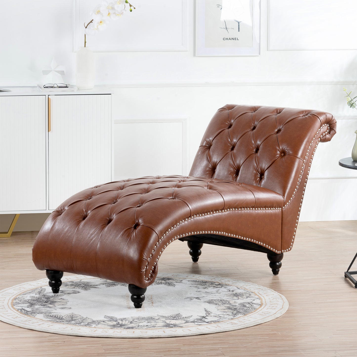Brown PU Tufted Armless Chaise Lounge with Foam Seating & Birch Legs - detail view 4