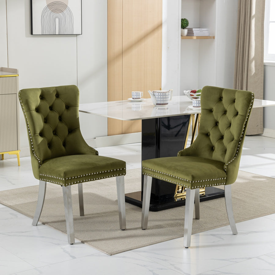 Olive Green Velvet Tufted Nailhead Trim Dining Chairs with Brushed Silver Legs (Set of 2)