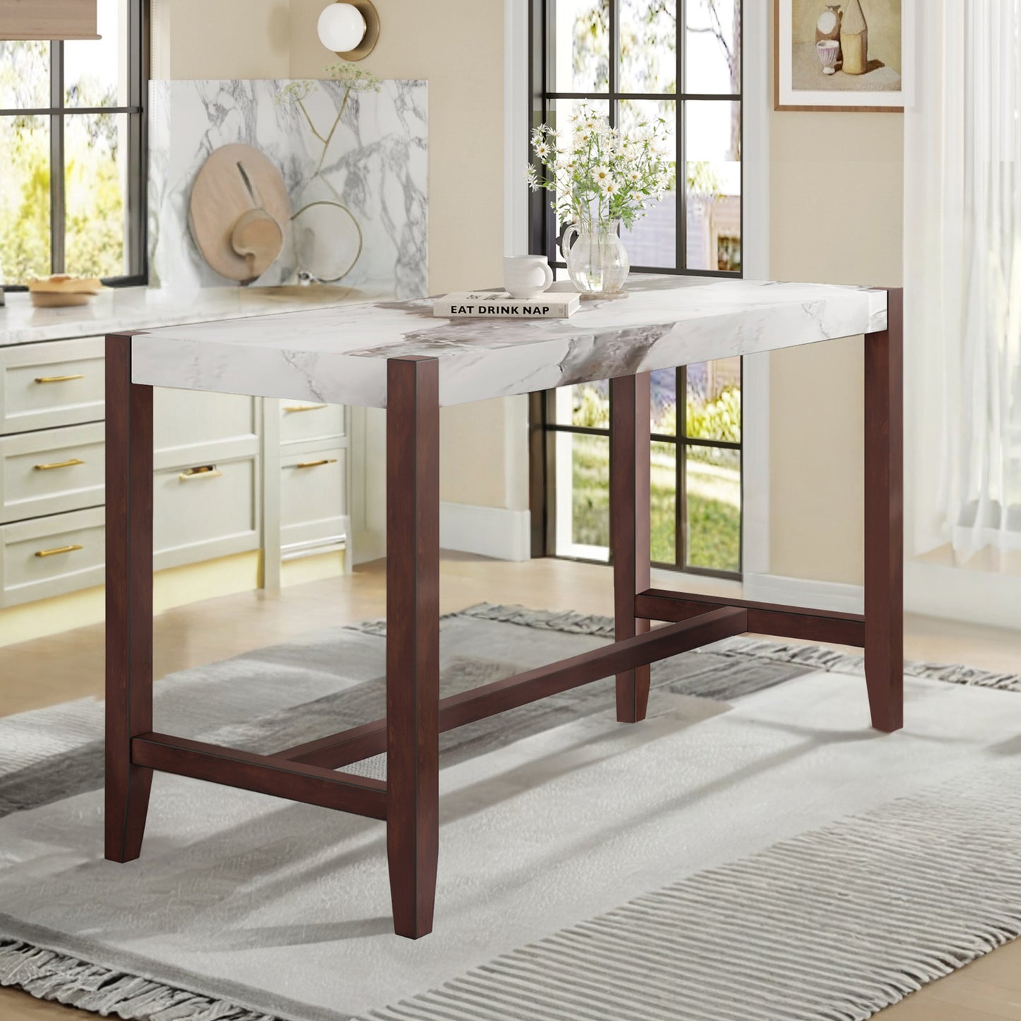 Counter Height Table, 47.5 Inch Faux Marble Finish Bar Dining Table, Modern Bar Tall Dining Table for Living Room - detail view 2