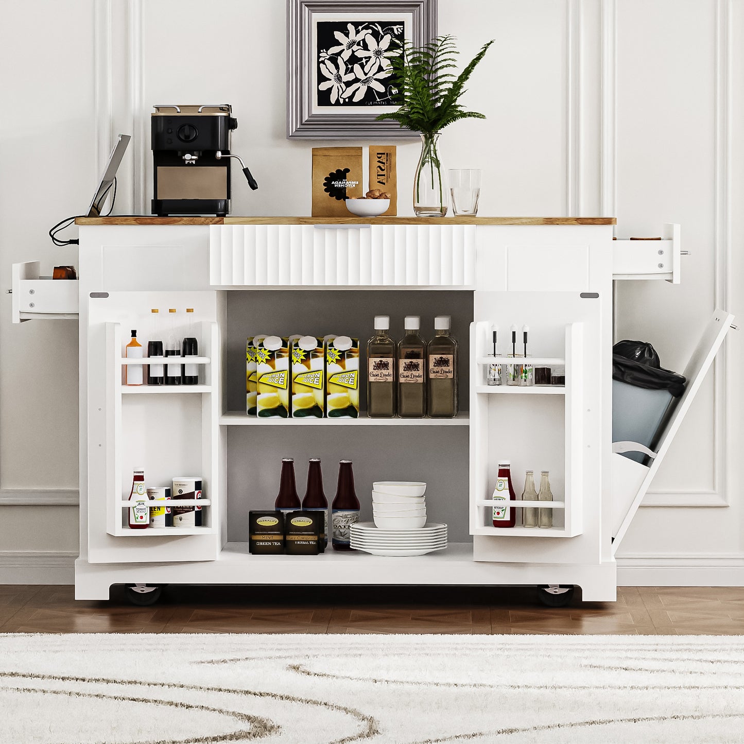 K&k Fluted Kitchen Island with Trash Can Storage Cabinet - White - detail view 3