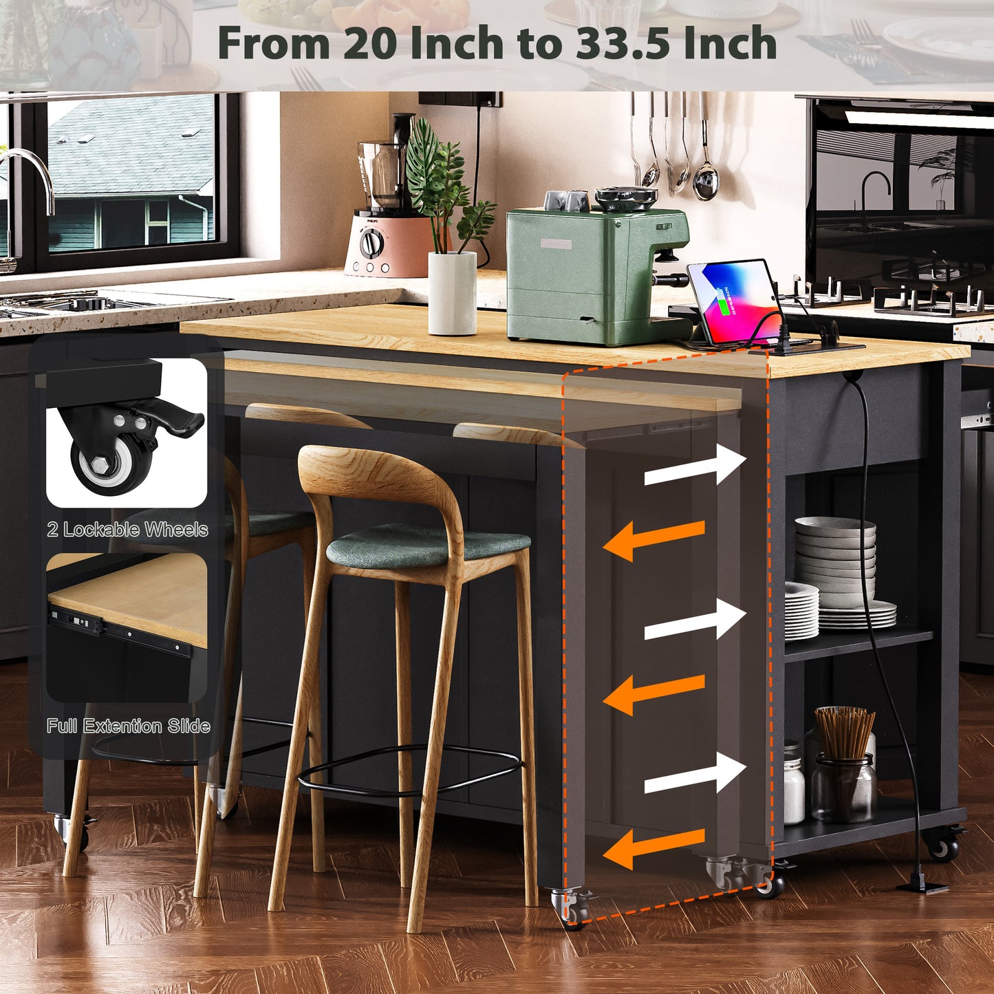 K&k 47" Kitchen Island with Extendable Dining Table - Black - detail view 5