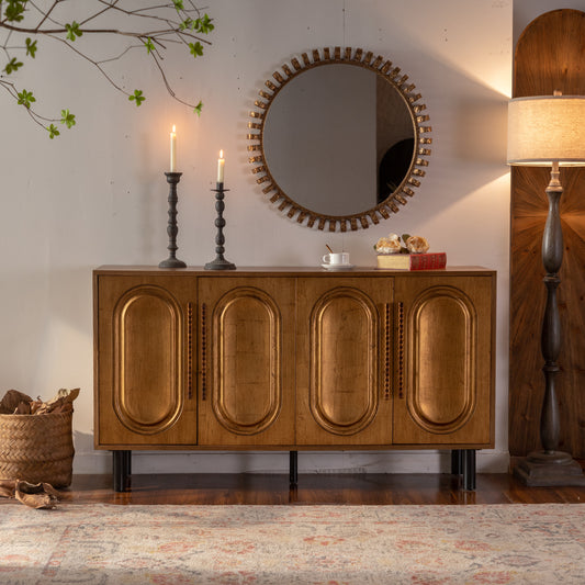 59.84' Gold-Toned 4-Door Sideboard Buffet Cabinet - Solid Wood & MDF Arched Door Storage Console Table for Dining Room - primary color shot