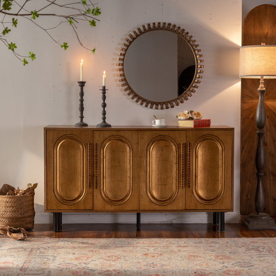 59.84' Gold-Toned 4-Door Sideboard Buffet Cabinet - Solid Wood & MDF Arched Door Storage Console Table for Dining Room - primary color shot