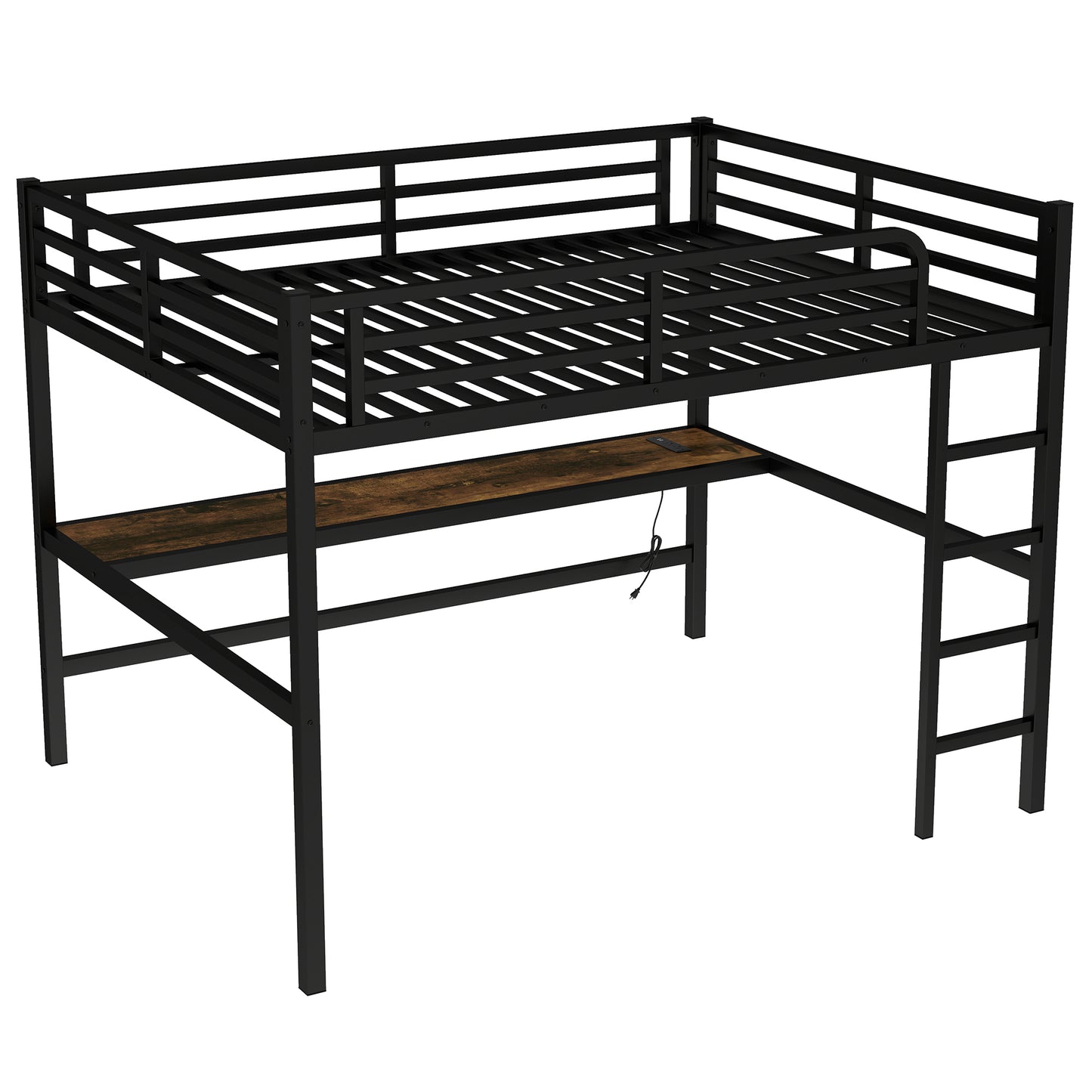 Metal Queen Size Loft Bed with Power Outlet and LED Lighted - Black - detail view 6