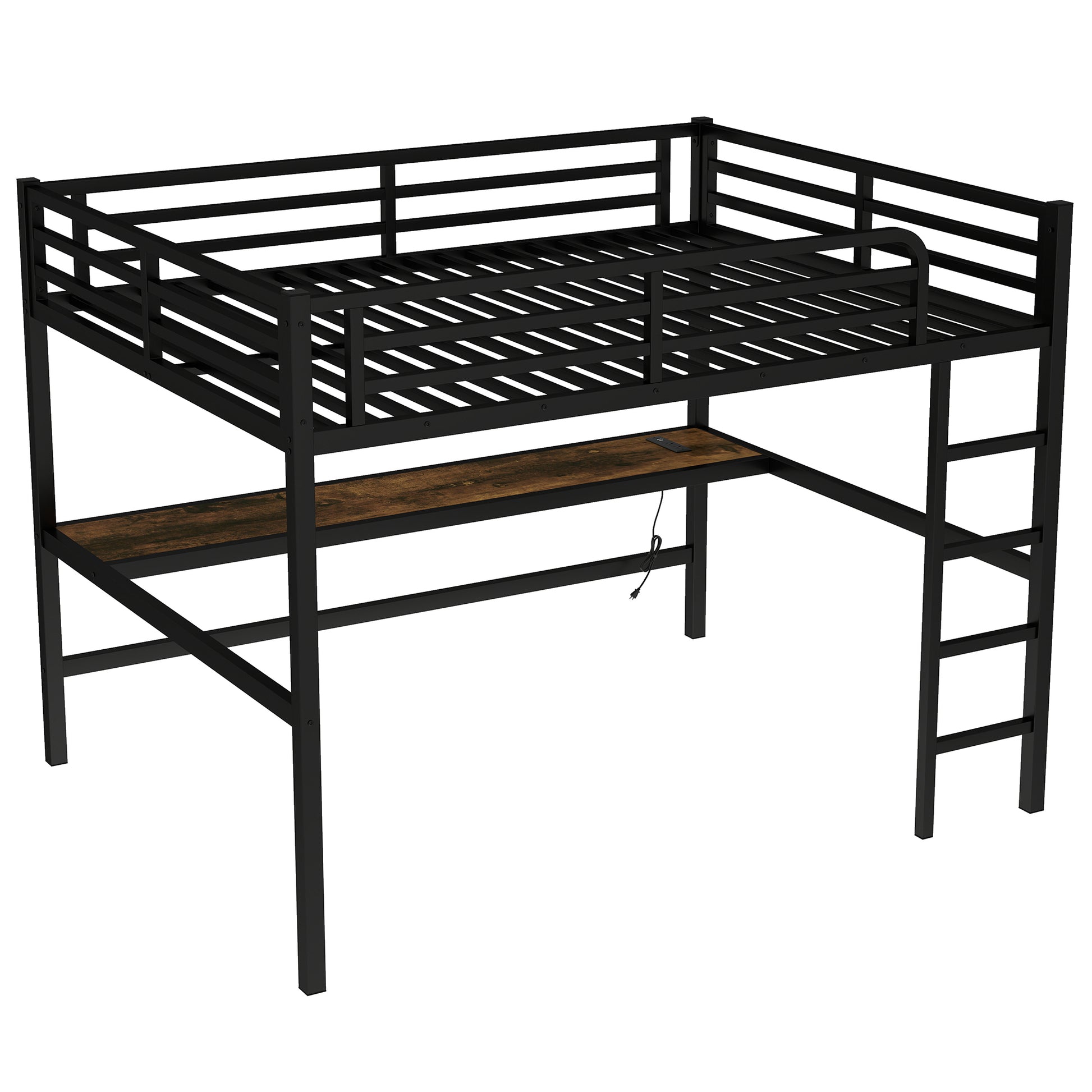 Metal Queen Size Loft Bed with Power Outlet and LED Lighted - Black - detail view 6