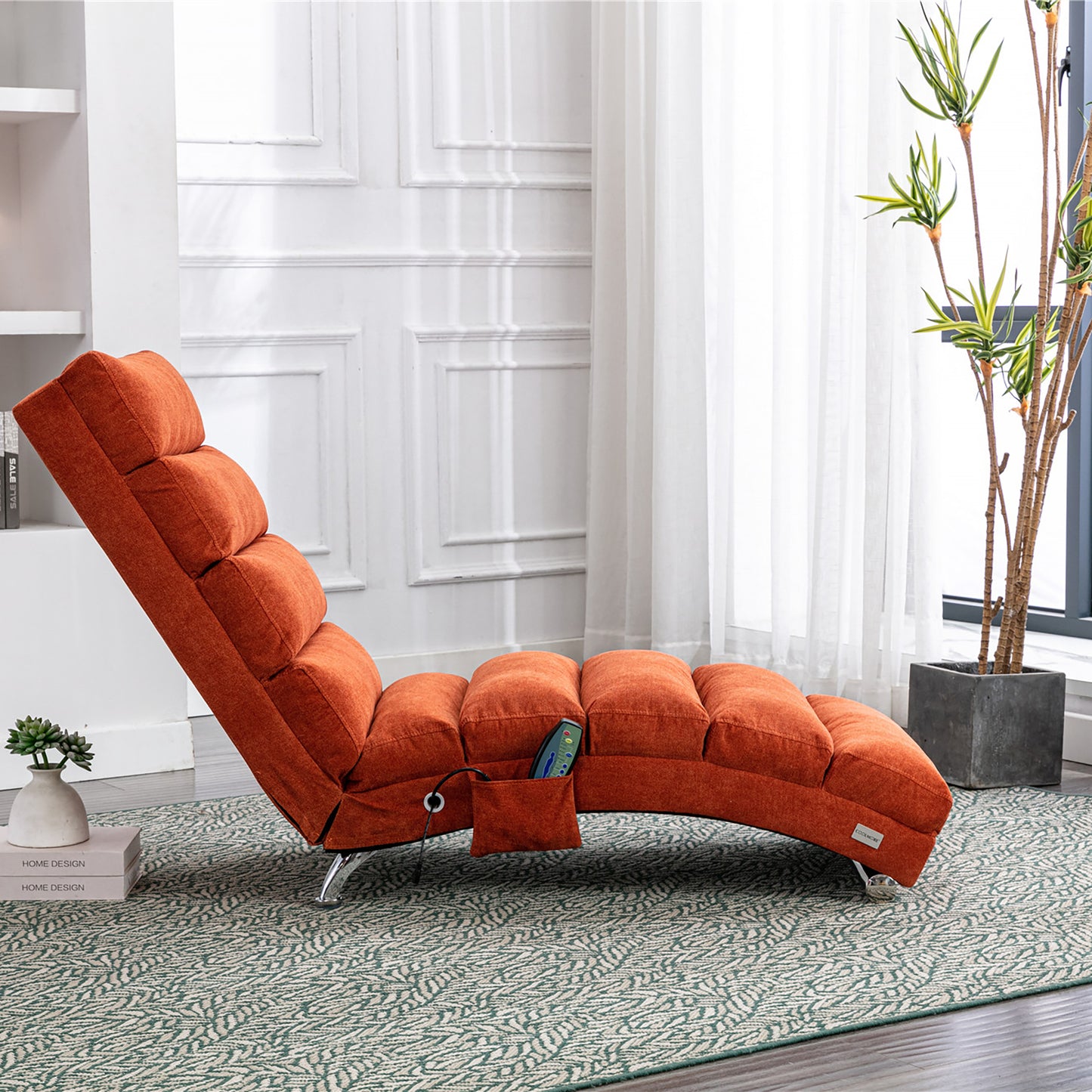Orange Linen Chaise Lounge with Silver Legs - detail view 6