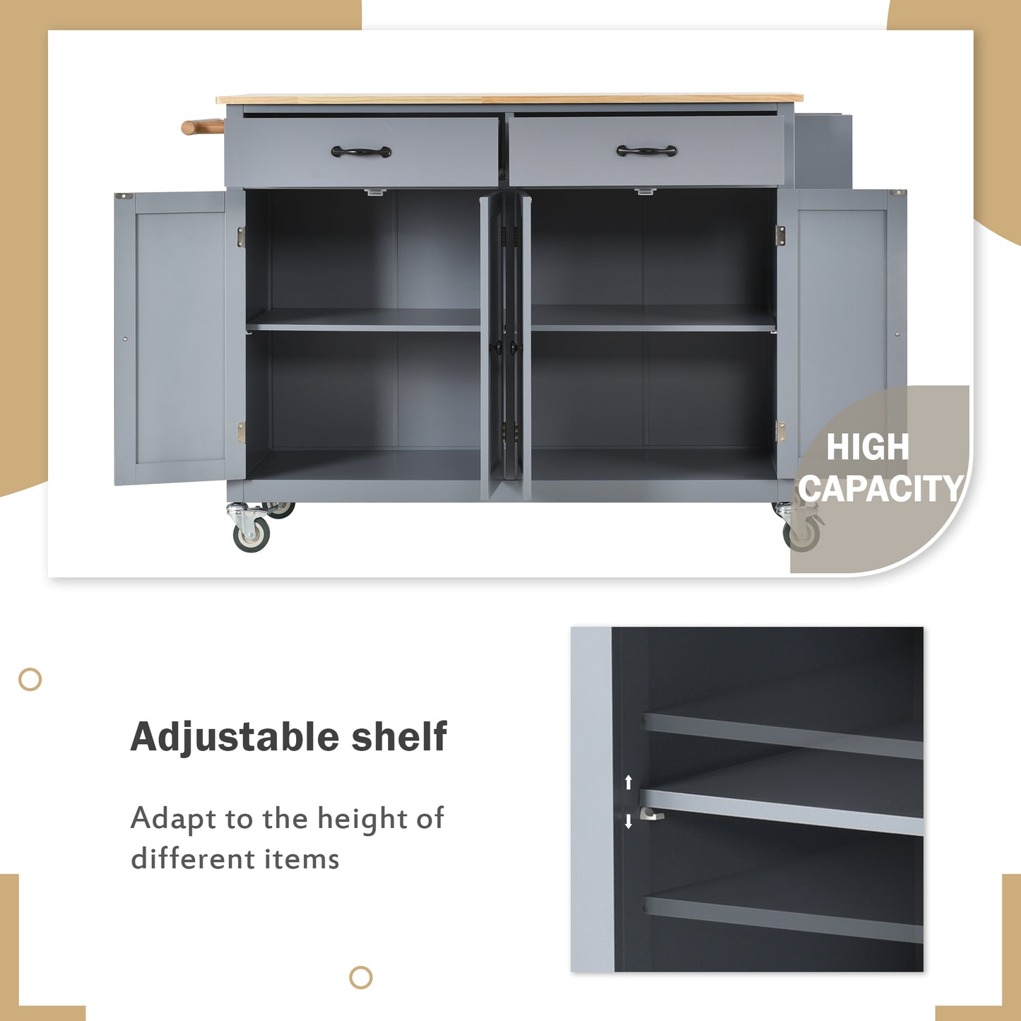 Kitchen Island Cart with Solid Wood Top & Locking Wheels - Blue - detail view 3