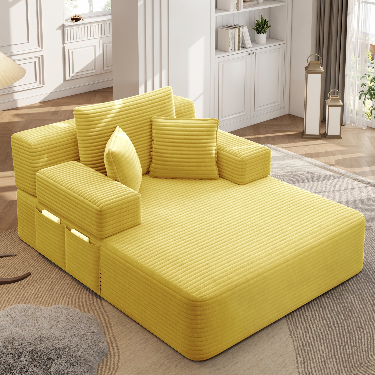 Luxurious Plush Corduroy Chaise Lounge with 3 Pillows - Yellow - detail view 6