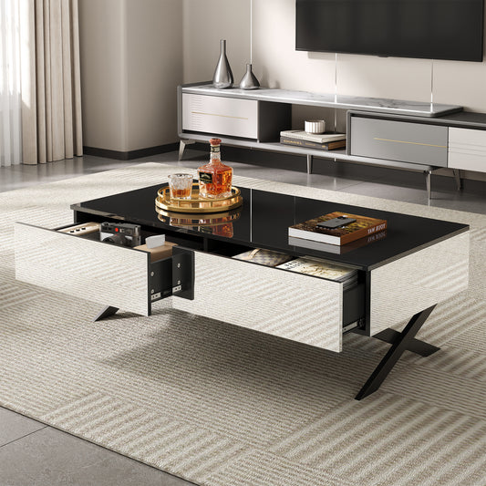 Rectangular Mirror Coffee Table for Living Room with Storage and Metal Base, 2 drawers, Black High Gloss Top, 47.3'