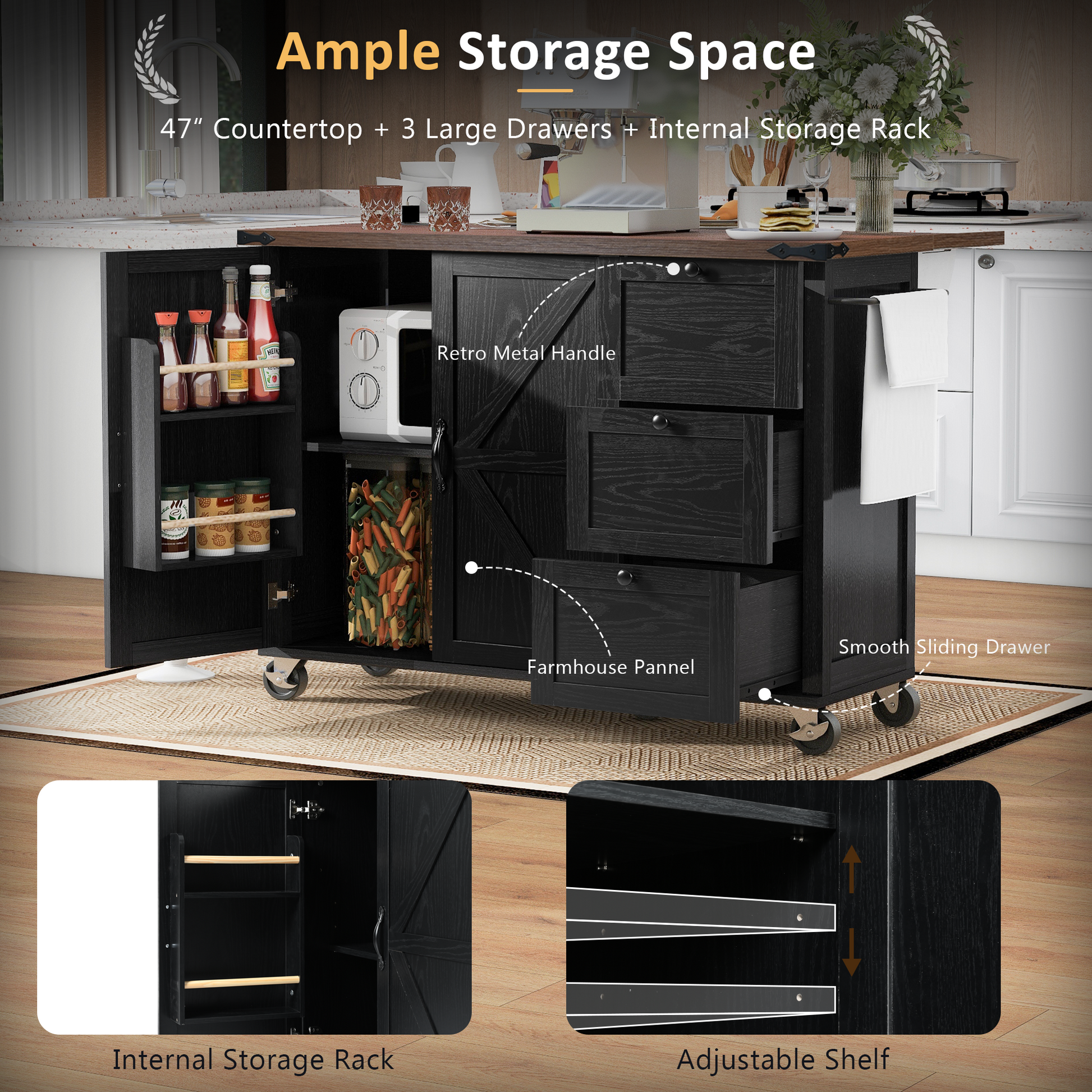 K&k 54.5' Farmhouse Kitchen Island with Power Outlet - Black - detail view 5