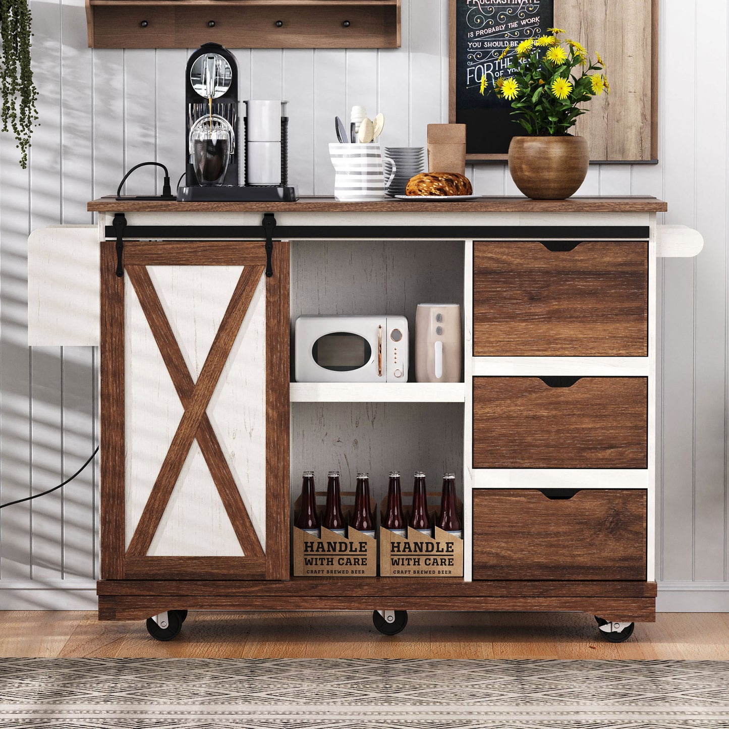 K&k 55.5' Farmhouse Kitchen Island with Drop Leaf - White - detail view 3