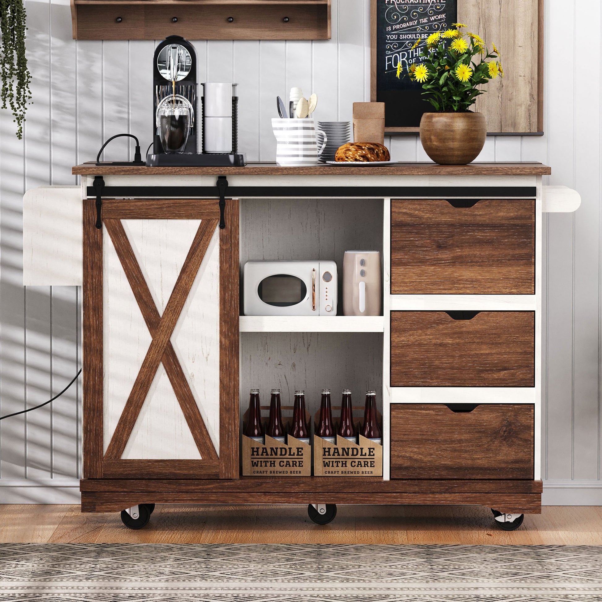 K&k 55.5' Farmhouse Kitchen Island with Drop Leaf - White - detail view 3