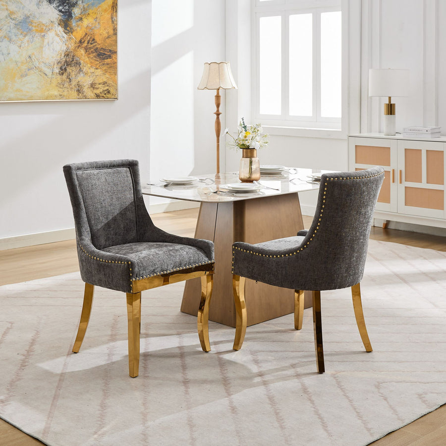 Gray Chenille Dining Chairs with Gold Legs (Set of 2)