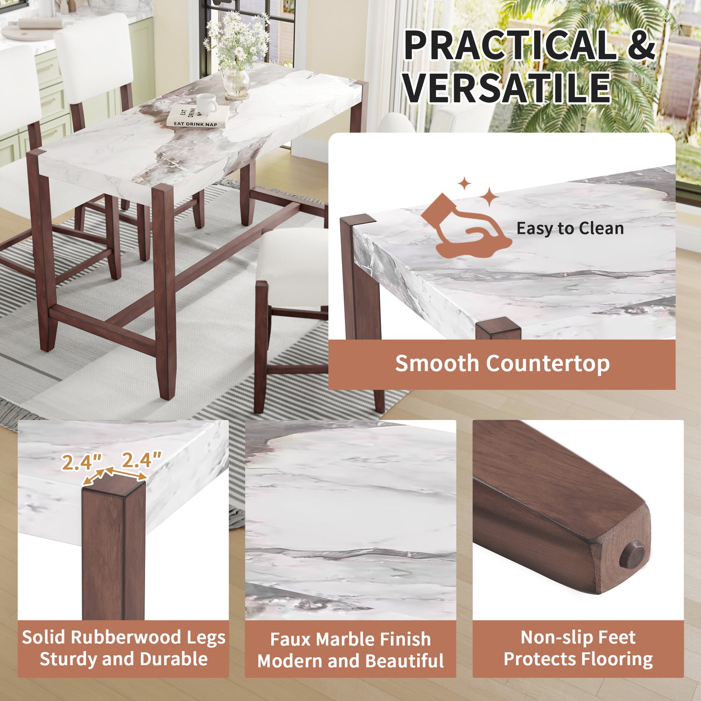 Counter Height Table, 47.5 Inch Faux Marble Finish Bar Dining Table, Modern Bar Tall Dining Table for Living Room - detail view 4