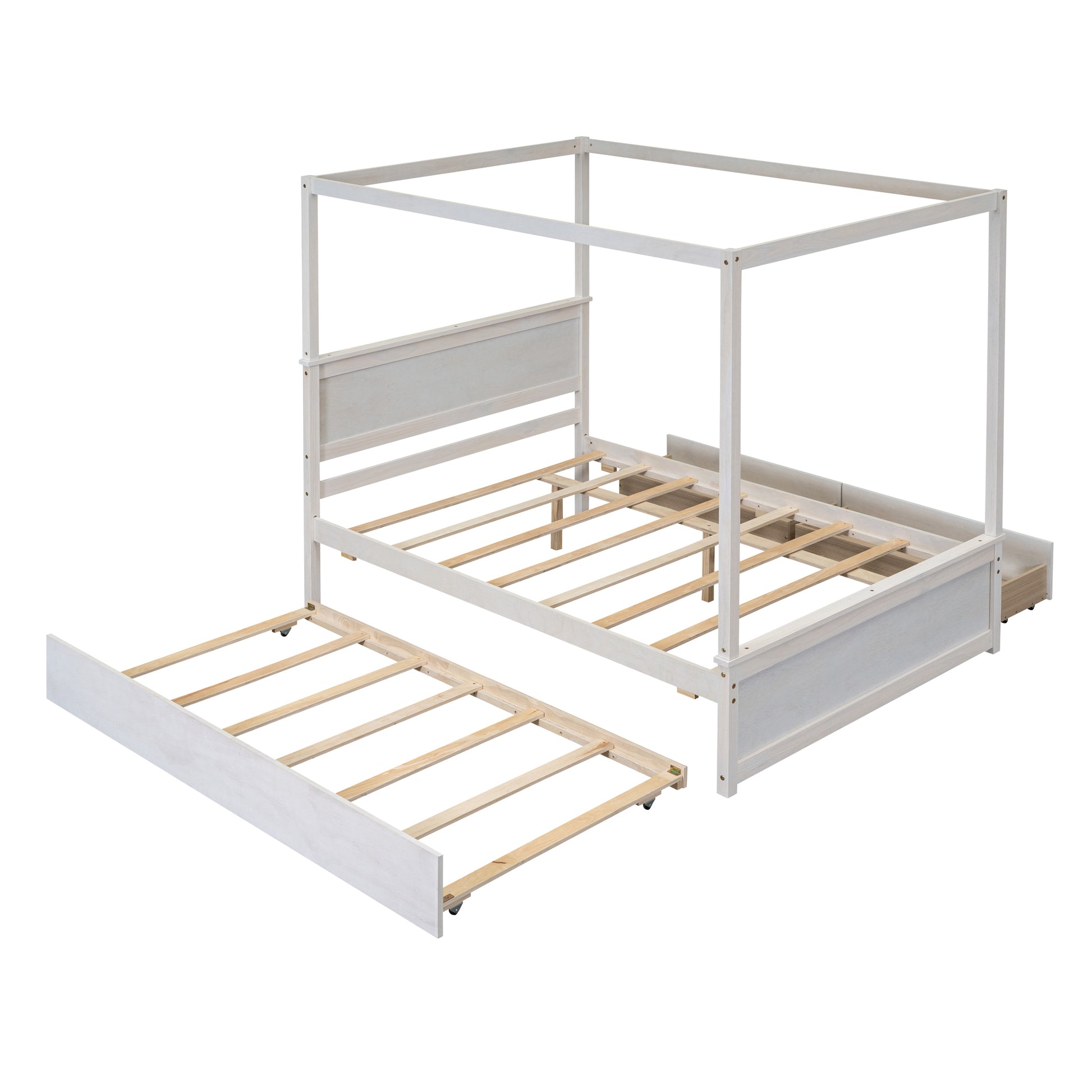 Branden Full Size Wooden Canopy Bed with Trundle, White