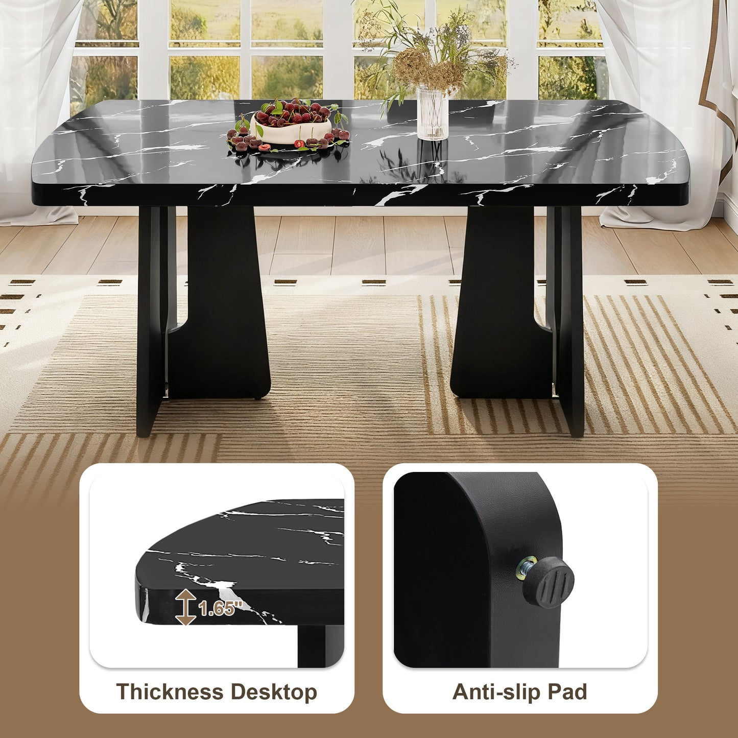 63' Modern Faux Marble Dining Table - Black/white Marble Top with Sturdy Geometric Legs, Stylish Kitchen & Dining Room Table for Dining - detail view 5