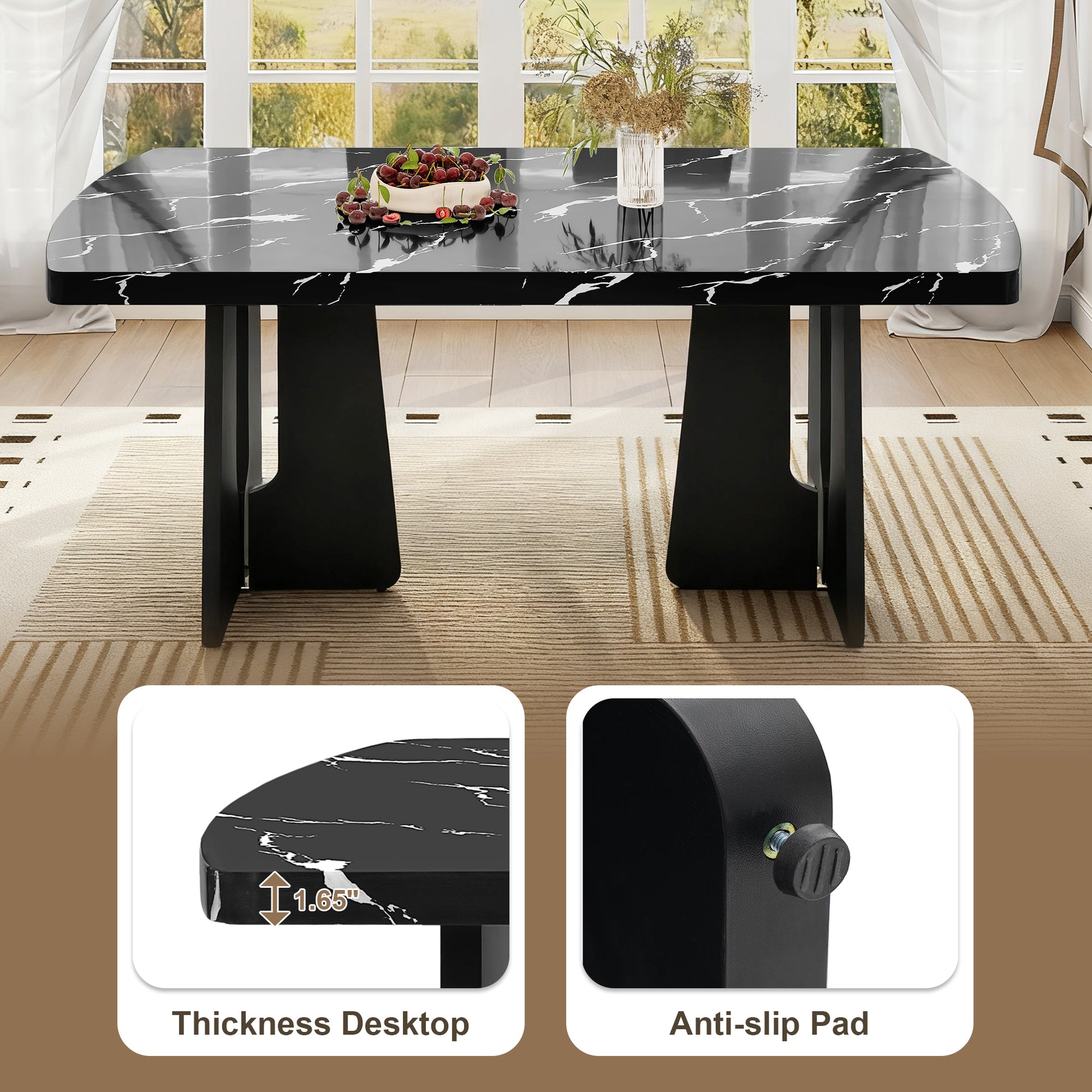 63' Modern Faux Marble Dining Table - Black/white Marble Top with Sturdy Geometric Legs, Stylish Kitchen & Dining Room Table for Dining - detail view 5