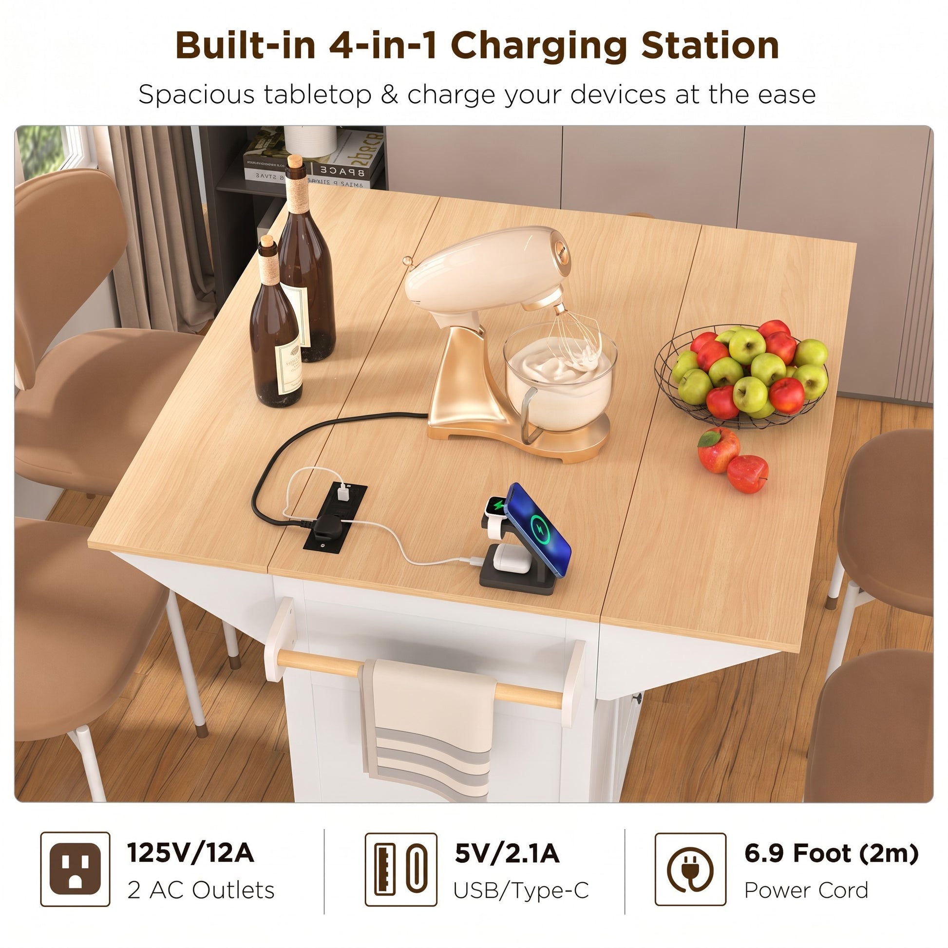 K&k 55.7'' Large Kitchen Island with 2 Drop Leaf - White - detail view 8